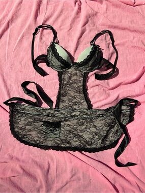 ‘Elegance’ Grey and Black Lace Lingerie Top with Ribbon Ties and Open Back Skirt